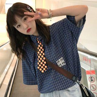 Gingham Short-sleeve Blouse+tie