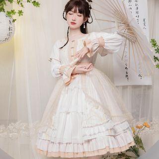 Set: Long-sleeve Star Embroidered Frill Trim Mini A-line Dress + Mesh Cape