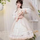 Set: Long-sleeve Star Embroidered Frill Trim Mini A-line Dress + Mesh Cape