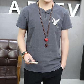 Set: Short-sleeve Crane Embroidered Top + Shorts