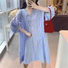 Lantern-sleeve Plaid Shirtdress