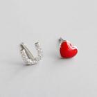 Non-matching 925 Sterling Silver Heart & Rhinestone U Earring 1 Pair - Platinum - One Size