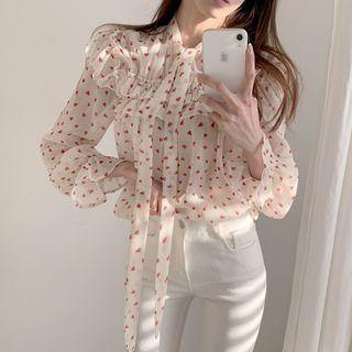 Patterned Ruffled Bell-sleeve Chiffon Blouse