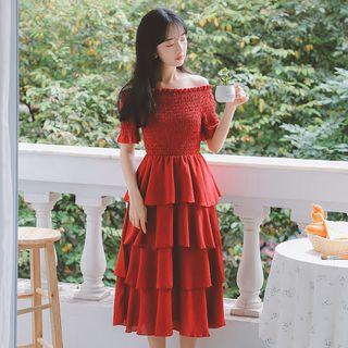 Short-sleeve A-line Midi Tiered Dress