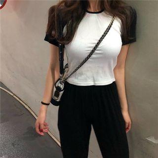 Color-block Slim-fit Short-sleeve Cropped T-shirt