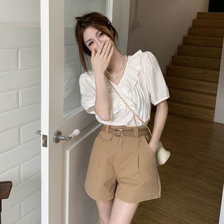 V-neck Ruffled Shirt + Plain Shorts