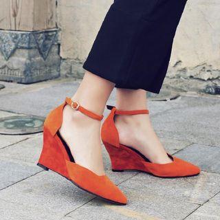 Ankle-strap Pointy-toe Wedge Pumps