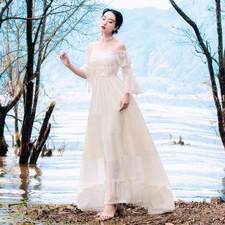 3/4-sleeve Off Shoulder A-line Maxi Dress