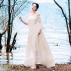 3/4-sleeve Off Shoulder A-line Maxi Dress