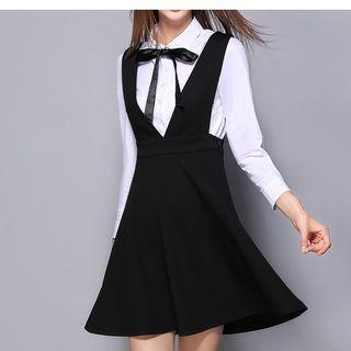 Set: Tie Neck Shirt + Pinafore A-line Dress