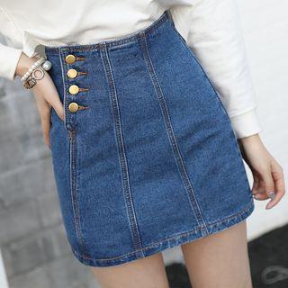 Side Buttoned A-line Denim Skirt