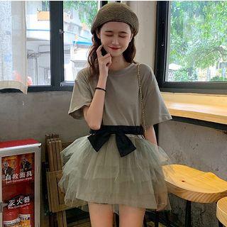 Short Sleeve Mesh Panel Mock Two Piece Dress
