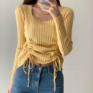 Square-neck Drawstring Knit Top