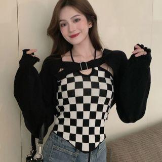 Long-sleeve Plain Knit Cropped Cardigan / Halter-neck Asymmetric Plaid Knit Top