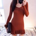 Ruffle-hem Rib-knit Bodycon Dress
