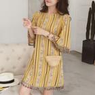Printed Tasseled 3/4-sleeve Shift Dress
