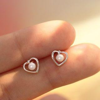 Faux Pearl Heart Sterling Silver Earring