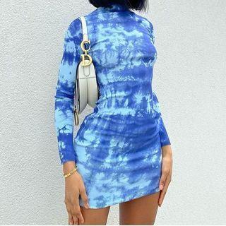 Mock-neck Long Sleeve Tie-dyed Mini Bodycon Dress