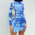 Mock-neck Long Sleeve Tie-dyed Mini Bodycon Dress