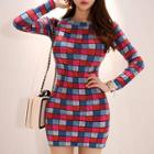 Checked Long-sleeve Knit Mini Sheath Dress As Shown In Figure - One Size