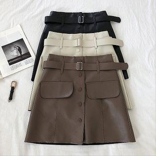 Plain Single-breasted Faux Leather High-waist Skirt With Belt