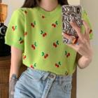 Short-sleeve Cherry Print Knit Top Vintage Green - One Size