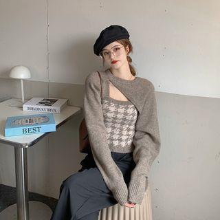Set: Houndstooth Camisole Top + Irregular Plain Knit Top