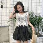 Sleeveless Crochet Knit Crop Top / Mini Godet Skirt