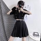 Double-buttoned Cropped Top / Pleated Skirt / Waist Chain & Belt