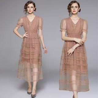 Short-sleeve Tiered Mesh Midi A-line Dress