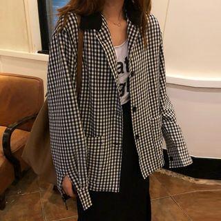Plaid Buttoned Jacket Gingham - Black & White - One Size