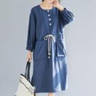 Pocketed Drawstring Long-sleeve Midi Dress Sapphire Blue - One Size