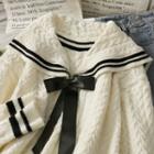Sailor-collar Ribbon Cable-knit Sweater White - One Size