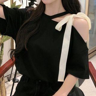 Short-sleeve Asymmetric Shoulder Top As Shown In Figure - One Size