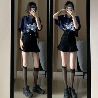 Short-sleeve Lettering Polo Shirt / A-line Skirt / Set