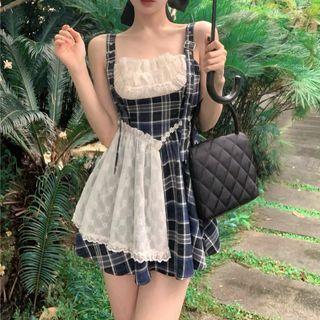 Spaghetti Strap Plaid Lace Panel Mini A-line Dress