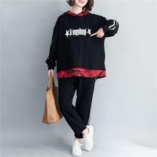 Set: Camo Panel Lettering Hoodie + Contrast Trim Wide Leg Pants Black - One Size
