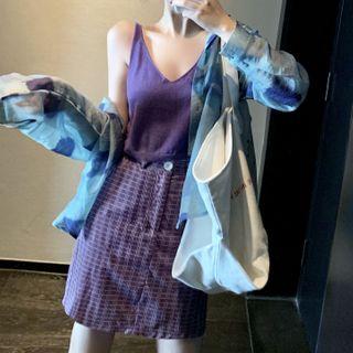Plaid Shirt / Camisole Top / Plaid Mini A-line Skirt