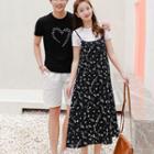 Couple Matching Set: Crew-neck Short-sleeve T-shirt + Floral Midi Spaghetti Strap Dress / Heart Print Short-sleeve T-shirt