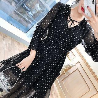 V-neck Dotted Long-sleeve Midi Dress