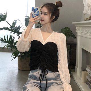 Two-tone Bell-sleeve Blouse White - One Size