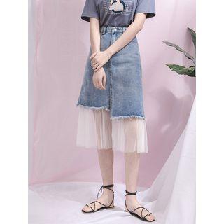 Mesh-hem Denim Skirt