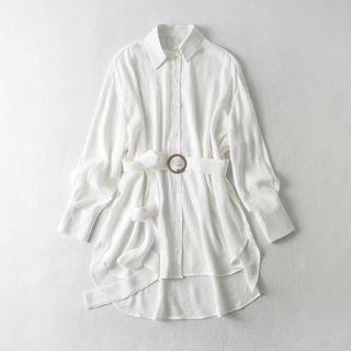 Plain Belted Mini Shirtdress White - S