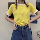 Round Collar Colour Block Short-sleeved Knit Top