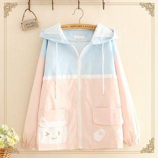Cat Print Pocket Color-block Hooded Jacket