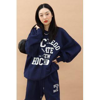 Letter-printed Boxy Sweatshirt Navy Blue - One Size