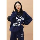 Letter-printed Boxy Sweatshirt Navy Blue - One Size