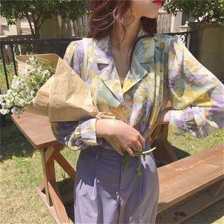 Floral Long-sleeve Blouse / Plain High-waist Pants