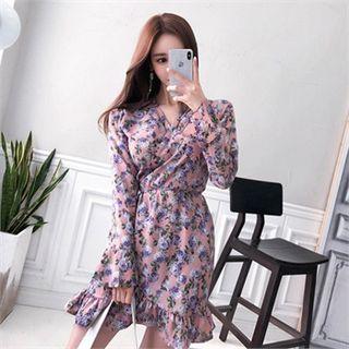 Bell-sleeve Rosette Mini Wrap Dress