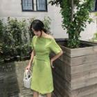 Off-shoulder Plain Knit Dress Green - One Size